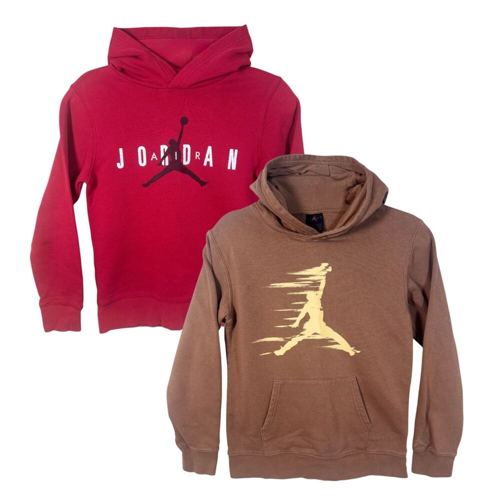Lot 2 Boys Jordan Hoodies Brown Mocha L Red M Jumpman Spellout As-Is See Photos